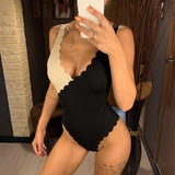 New Sexy Scalloped Splicing High Cut One Piece Swimsuit Women Swimwear Female Ribbed Bather Bathing Suit Swim Lady V2425