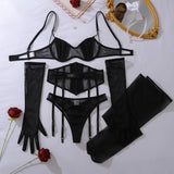 Toucheart Erotic Lingerie black Thin model see-through mesh Patchwork Body shaping gather together pure desire 5PCS with Gloves