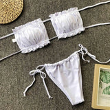Sexy Pink Bandeau Frilled Bikini Swimsuit Female Swimwear Women Two-Pieces Bikini Set Bather Padded Bathing Suit Swim V1242B