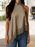 Women's Summer Solid Color Satin Halter Mock Neck Tops Sleeveless Tassel Hem Loose Fit Tank Tops
