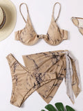 Marble Print V-Bar Underwired Bikini Women Swimsuit Female Swimwear Three-pieces Bikini Set Push Up Bathing Suit Beach Sarong