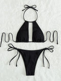 2025 Halter Tie Side Hollow Out Smocked Bikini Women Swimsuit Female Swimwear Two Pieces Bikini Set Swim Bathing Suit Beach Wear
