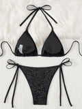 Shiny Sequin Black Bikini Set Women Sexy Push Up Bra Tie Side Triangle Swimsuit 2025 Brazilian Beach Bathing Suit Micro Swimwear