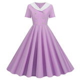 1950s Vintage 50s A-Line Evening Dress Short Sleeves V Neck Button High Waist Dresses Women's Prom Party Midi Dress Vestidos