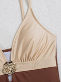 Contrast Color 2026 New Women's One Piece Suit Swimwear Sexy Strappy Backless Swimsuit Rhinestone Push Up High Waist Beachwear