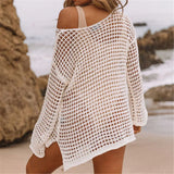 Long Sleeve Hollow Out Top Crochet Knitted Tunic Beach Cover Up Cover-ups Beach Dress Beach Wear Beachwear Female Women V4250