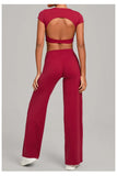 Women's Tracksuit Yoga Sets Back Hollow Out Short Sleeve Sports Shirts High Waist Straight Leg Pants Gym Running Fitness Suits