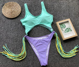 DEKA Long Tassel One Piece Swimwear Hollow Out Women Backless Swimming Suit Cut Out Halter Cross Swimsuit Female Beachwe Bathing