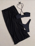 3 Pieces Thong Bikini 2026 Women With Dress Black Swimwear Female Halter Swimsuit Beach Wear Bathing Swimming Suit Summer