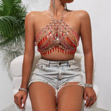 Sexy Women Metal Gem Chain Neck Hanging Backless Vest Bra Hot Girl Tassel Vest Women's Tight Fit Short Top Party Clubwear