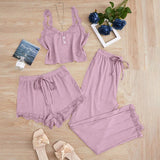 3PCS Pajamas Set for Women Sleepwear Solid Vest Shorts and Pants Paired with Lace Splicing for Homewear Loungewear
