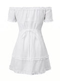 Women Summer White Dress Trim Off Shoulder Short Sleeve Button-up A-line Mini Dresses for Daily Office Party