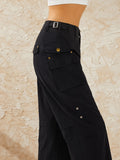 Women Solid Color Loose Cargo Pants Zipper Button Closure Casual Street Trousers with Pockets Black/Khaki/Wine red/Army Green