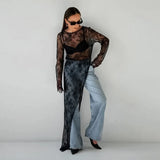 Woman Clothing 2026 O-neck Hollow Out High Slit Long Maxi Lace Dress Black Streetwear Ladies See-through Black T-shirt Dresses