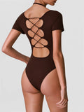 Summer Women's Cross Hollow Back Yoga Jumpsuit Short Sleeved Slimming Sports Overalls High Stretch Push Up Fitness Bodysuit