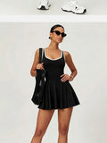 Naked Breathable Tennis Dresses with Built-in Pocket Shorts Women Color Contrast Hollow Out Backless Sports Golf Pleate Dress