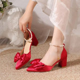 2026 New Pointed Toe Pearl French Heels Block Heel Bow Single Shoes Red Wedding Shoes