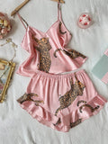 Summer 2-pieces Pink Leopard Printed Pajamas Set for Women Sexy Ice Silk Stain Sleepwear Casual Crop Tops and Shorts Lounge