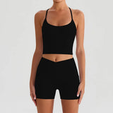 Yoga Shorts Sets Women Hanging Neck Hollow Back Sports T Shirts Sportsuit Gym High Waist Pocket Pants Fitness Workout Clothes