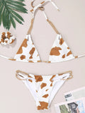 Sexy Cow Print Halter Metal Chains Brazilian Bikini Women Swimsuit Female Swimwear Two Pieces Bikini Set Bathing Suit Swim Lady