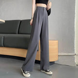 Women High Waist Straight Wide Leg Pants Solid Color Suit Pants Elastic Slant Pockets Loose Office Trousers