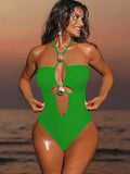 2026 Summer Women's One-piece Suit Swimwear Sexy Hollow Out Neck Lace-up Bodysuit Beachwear High Waist Push Up Bathing Suits
