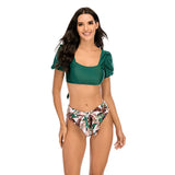 2026 Sexy Bikini Women Push Up Swimwear Swimsuit Leaf Sunflower Print High Waist Bowknot Bubble Sleeves Bikinis Set Bathing Suit
