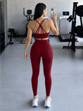 Halter Neck Yoga 2Pcs Set Women Soft Stretchy Top & Long Pants Gym Wear