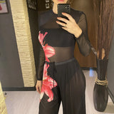 S - XL New Flower Printed Floral Long Sleeve With Pants One Piece Swimsuit Women Swimwear Female Bather Bathing Suit Swim V7099