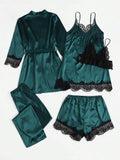 5 Pieces Women's Satin Sleepwear Pajama Set Robe Sexy Lingerie Bathrobe Lace Silk Night Dress Trousers Home Clothed Nightwear PJ