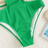 Sexy Push Up Underwire One Piece Swimsuit Women Solid Pink Metal Chain Hollow Out Ribbed Bathing Suit Backless Swimwear Monokini
