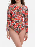 2026 New Women's Patchwork One-Piece Swimsuit Long Sleeve Sports Swimwear Sexy Backless Beach Wear Bather Surfing Suit