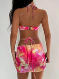 with Mesh Skirt 3D Flowers Halter Bandeau Bikini Women Swimsuit Female Swimwear Three-pieces Bikini Set Bathing Suit Beachwear