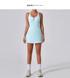 Front Zipper Tennis Dresses Women Summer Sleeveless Sports Athletic Dress Outdoor Cross Backless Pocket Short Workout Skirts