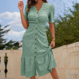 Women's Button Down Ruched Long Dress Summer Beach A-Line Swing Sundress Casual Short Sleeve V-Neck Maxi Dress