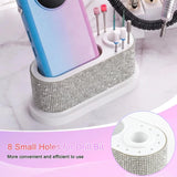 Nail Drill Machine Holder with White Rhinestones, 8 Holes Nail Drill Bit Holder, Nail Efile Stand and Organizer Storage Box Case