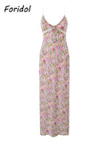 Lace Decoration Pink Floral Maxi Long Sundress Women's Dress 2025 Spaghetti Strap V Neck Smocked Boho Straight Boho Dress