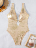 Golden Glitter Deep V Neck One Piece Swimsuit Women Swimwear Female Backless Monokini High Leg Cut Bathing Suit Swim Beachwear