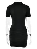 FDYOUI Women's Polo Collar Zip-up Jumpsuit Dress Chic Short Sleeve Folds Solid Bodysuits One Piece Yoga Fitness Sporty Playsuits