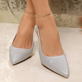 All-Match Silvery Elastic Band Pumps Heels for Women Party Pointed Toe Plus Size Woman High Heels Fashion Bling Pumps Female
