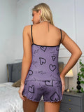 Heart Print Pajama Set Crew Neck Cami Top & Lettuce Trim Casual Round Sexy Women's Summer Sleepwear Soft Loungewear Nightwear
