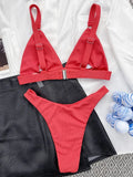 Ribbed Triangle High Cut Bikini Women Swimsuit Female Thong Swimwear Two Pieces Bikini Set Rings Bather Bathing Suit Swim Lady