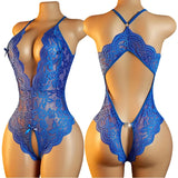 Transparent Sexy Crotchless Red Lingerie Women's Lace Hollow Bodysuit Bra Set Erotic Pajamas Deep V Open Bra Porn Underwear Set