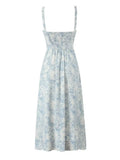 Bowknot Printed Women's Dresses Summer Casual Beach Strap Midi Dress Female Boho Light Blue Buttons Smocked Vestidos 2025