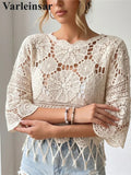 Half Sleeve Hollow Out Solid Crochet Knitted Tunic Beach Cover Up Cover-ups Beach Dress Beach Wear Beachwear Female Women V8401
