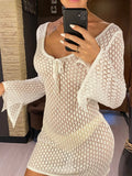 V Neck Long Sleeve Hollow Out Crochet Knitted Tunic Beach Cover Up Cover-ups Beach Dress Beach Wear Beachwear Female Women V6081