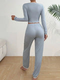 Women Autumn Winter Sleepwear Blue Lace Long Sleeves T-shirt Tops and Trousers 2 Pieces Pajamas Set Loungewear Home Suit