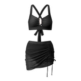 Women Summer Solid Color Bikini Sets Sleeveless Bra with High Waist Drawstring Skort Bathing Suit 2-piece Swimsuit