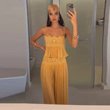 Women Pant Set Sheer Layers Spaghetti Strap Backless Lace Top Straps Solid Loose Straight Elastic Hem Fashion Beach Chic Suits