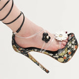 New Design Sunflower Jelly PVC Women Platform Sandals Fashion Leaf Lace Up 16CM Super High Heels Banquet Dress Shoes Pink
